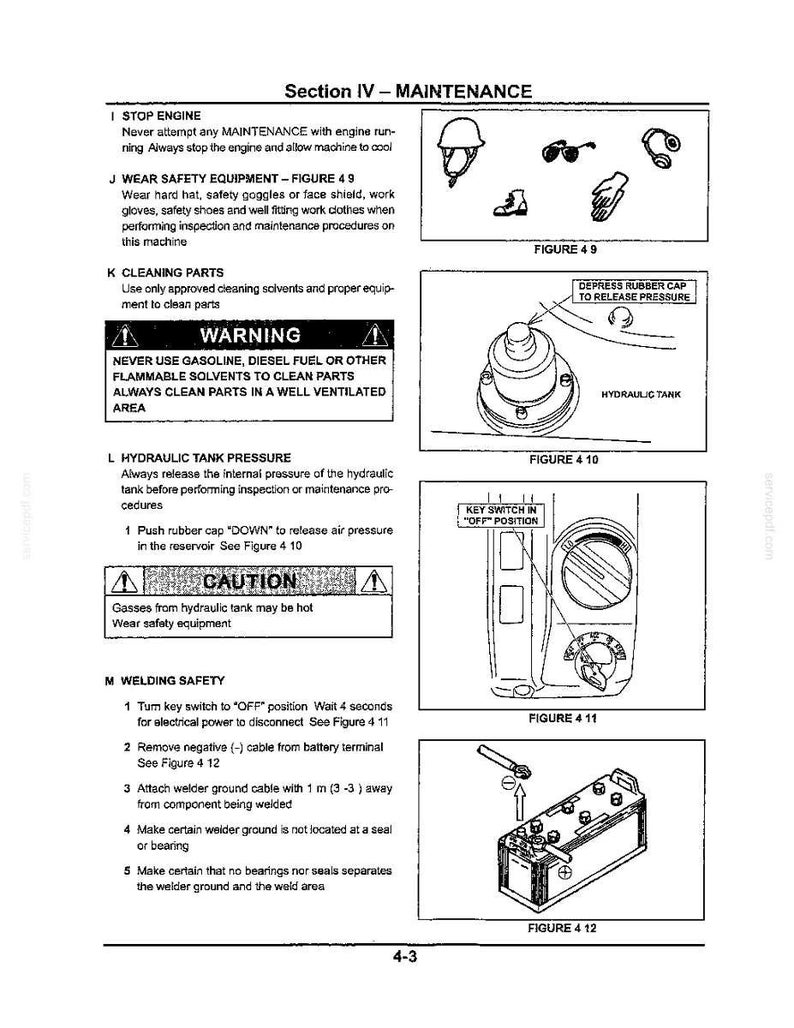 May include: A technical manual page titled Section IV - MAINTENANCE, featuring black and white line drawings of safety gear, a hydraulic tank with a rubber cap, a key switch in the OFF position, and a battery terminal with a negative cable connection.