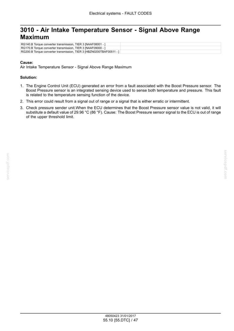 May include: A white document with the title "3010 - Air Intake Temperature Sensor - Signal Above Range Maximum". The document explains the cause and solution for the error. The bottom of the page has a date and code.