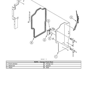 May include: An exploded diagram of a ROPS (Roll-Over Protective Structure) canopy front door, showing components like the front window, reservoir, wiper, flange nut, spacer, and seal. The diagram is labeled with numbers and component names.