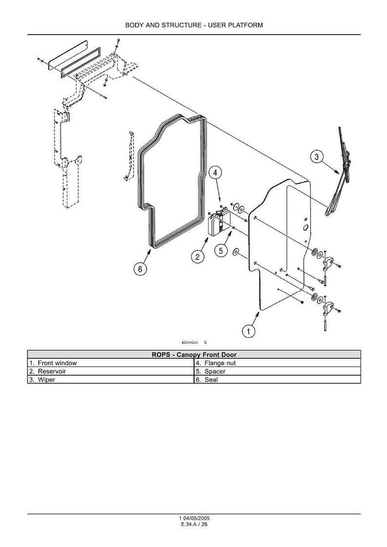 May include: An exploded diagram of a ROPS (Roll-Over Protective Structure) canopy front door, showing components like the front window, reservoir, wiper, flange nut, spacer, and seal. The diagram is labeled with numbers and component names.