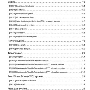 May include: A page from a manual titled "Contents" with a list of automotive engine and transmission components. The text includes sections on the engine, power coupling, transmission, and four-wheel drive system.