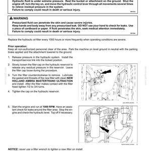 以下が含まれることがあります： Hydraulic oil filter - Replaceと題された技術メンテナンス文書のページ。安全上の警告、番号付きの指示、および油圧リザーバーとフィルターコンポーネントの位置を示す2つの白黒の線画が含まれています。