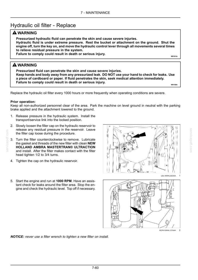 以下が含まれることがあります： Hydraulic oil filter - Replaceと題された技術メンテナンス文書のページ。安全上の警告、番号付きの指示、および油圧リザーバーとフィルターコンポーネントの位置を示す2つの白黒の線画が含まれています。