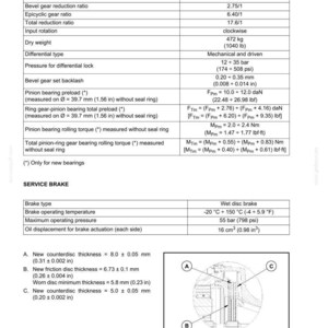 Op de afbeelding: Een technisch specificatieblad voor de Carraro 28.50 achteras, met details over overbrengingsverhoudingen, gewichten en drukinstellingen in metrische en imperiale eenheden. Het bevat een diagram van remcomponenten gelabeld A, B en C.