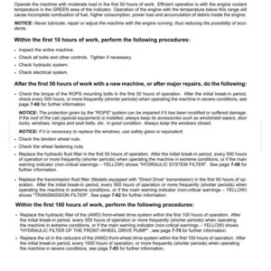 May include: A page from an operating manual with instructions for a machine's break-in period. Text includes procedures for the first 10, 50, and 100 hours of operation, covering checks, replacements, and maintenance tasks. The page has a white background with black text.