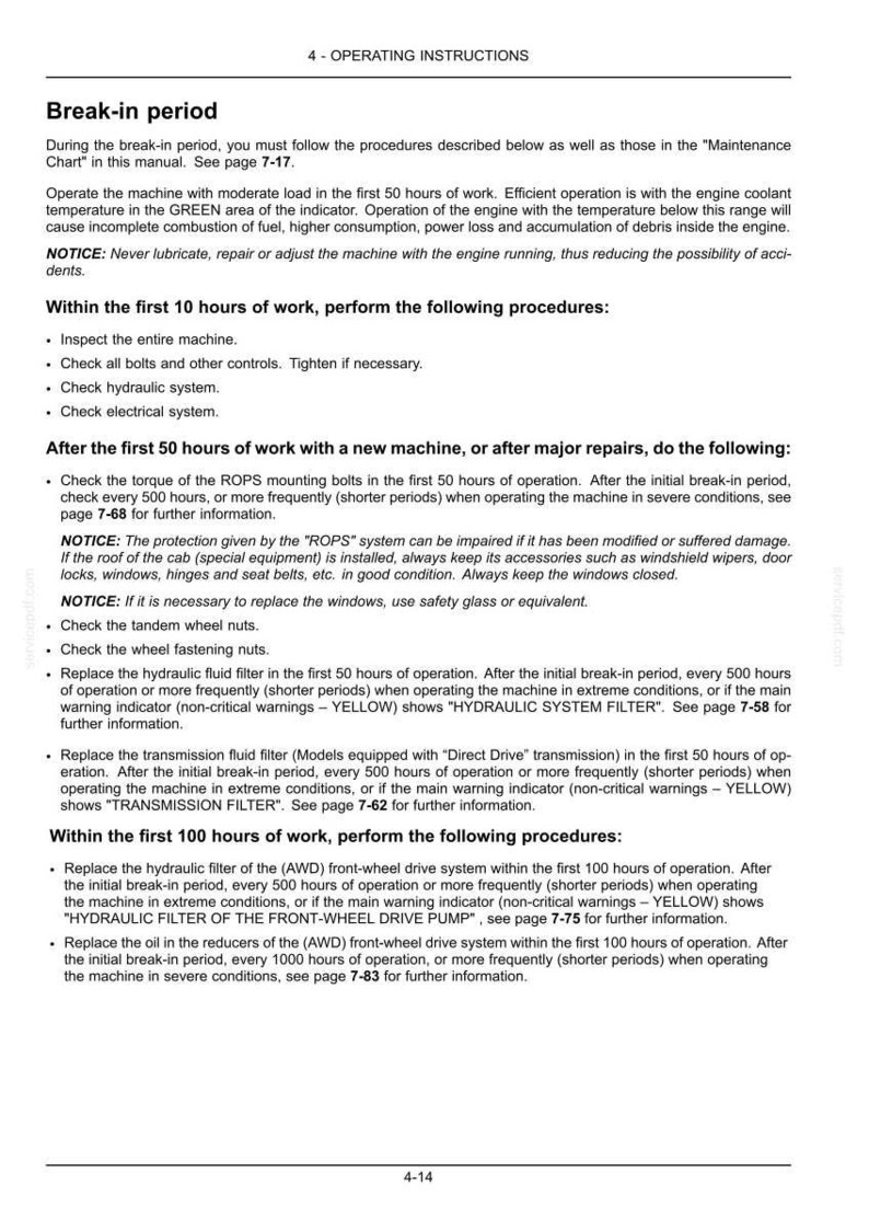 May include: A page from an operating manual with instructions for a machine's break-in period. Text includes procedures for the first 10, 50, and 100 hours of operation, covering checks, replacements, and maintenance tasks. The page has a white background with black text.