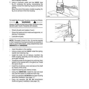 May include: A technical manual page titled SECTION 23 - FWD TRANSFER BOX - CHAPTER 1, featuring black and white line drawings of mechanical assembly procedures, including tool usage, warnings, and numbered instructional steps for vehicle maintenance.