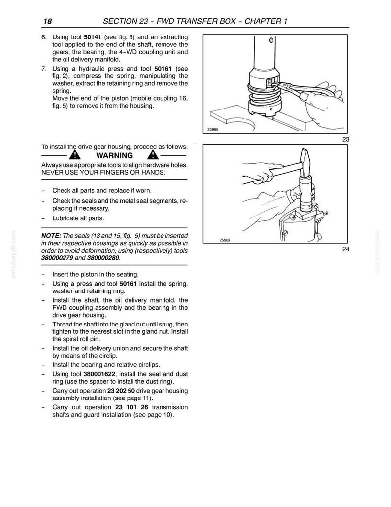 May include: A technical manual page titled SECTION 23 - FWD TRANSFER BOX - CHAPTER 1, featuring black and white line drawings of mechanical assembly procedures, including tool usage, warnings, and numbered instructional steps for vehicle maintenance.
