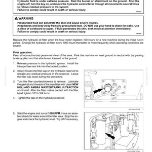 May include: A technical maintenance document page titled Hydraulic oil filters (Initial) - Replace. It includes safety warnings, step-by-step instructions for replacing hydraulic filters, and two black and white line drawings showing filter locations.