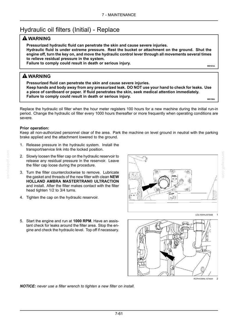 May include: A technical maintenance document page titled Hydraulic oil filters (Initial) - Replace. It includes safety warnings, step-by-step instructions for replacing hydraulic filters, and two black and white line drawings showing filter locations.