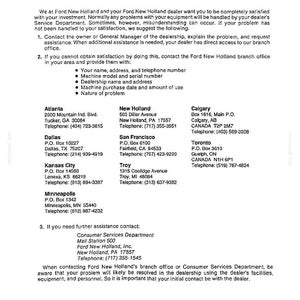 以下が含まれることがあります： OWNER ASSISTANCEと題された文書で、フォード・ニューホランドの機器に関する問題解決の手順が記載されています。ディーラーや支店への連絡方法、各拠点の住所、電話番号がリスト形式でまとめられています。