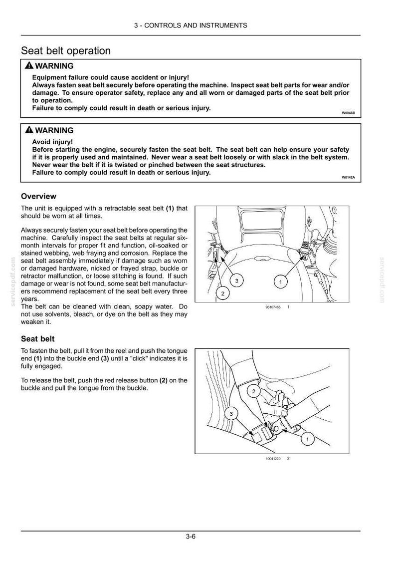 May include: A technical manual page titled 3 - CONTROLS AND INSTRUMENTS featuring seat belt operation instructions. It includes two black and white line drawings showing a seat belt assembly and the process of fastening the belt buckle.