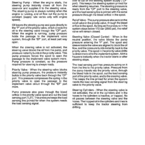 May include: A page from a manual detailing the oil flow in a steering system. The text describes the function of the steering pump, priority valve, and relief valve, with diagrams and technical terms.