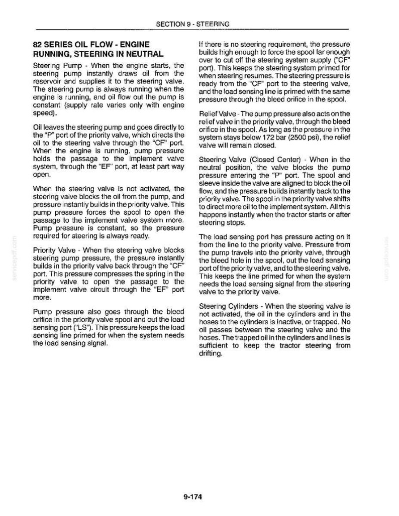 May include: A page from a manual detailing the oil flow in a steering system. The text describes the function of the steering pump, priority valve, and relief valve, with diagrams and technical terms.