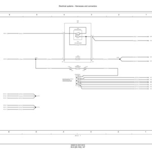 K&ouml;nnte beinhalten: Schwarz-wei&szlig;-Schemazeichnung eines elektrischen Systems mit Kabelb&auml;umen und Steckverbindern. Das Diagramm verwendet Linien und Symbole, um Komponenten und ihre Verbindungen darzustellen. Der Text oben lautet "Electrical systems - Harnesses and connectors."
