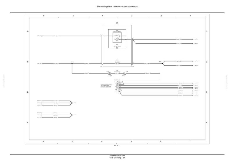 K&ouml;nnte beinhalten: Schwarz-wei&szlig;-Schemazeichnung eines elektrischen Systems mit Kabelb&auml;umen und Steckverbindern. Das Diagramm verwendet Linien und Symbole, um Komponenten und ihre Verbindungen darzustellen. Der Text oben lautet "Electrical systems - Harnesses and connectors."