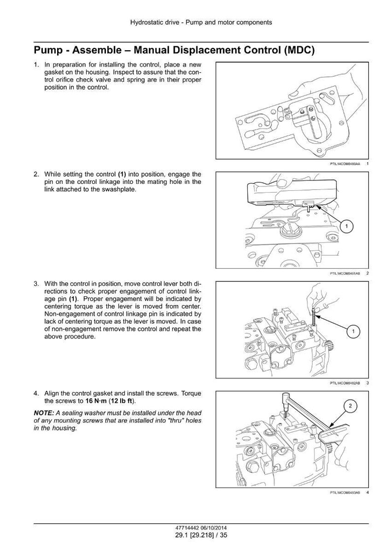 Puede incluir: Diagramas e instrucciones para el montaje de la bomba y el control de desplazamiento manual (MDC). Incluye ilustraciones de piezas, pasos de montaje y especificaciones de par de 16 N&middot;m. Texto con notas sobre la instalaci&oacute;n de juntas.
