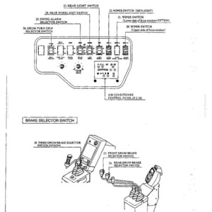 Peut inclure: Un sch&eacute;ma technique pr&eacute;sentant un panneau lat&eacute;ral gauche avec divers interrupteurs, notamment pour les phares, les feux de travail, l'alarme de rotation et les essuie-glaces, ainsi qu'un panneau de climatisation et un s&eacute;lecteur de frein.