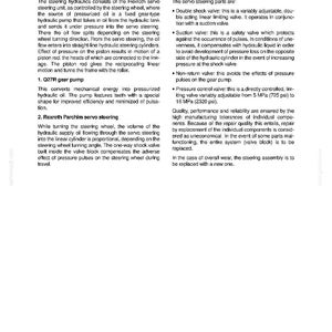 May include: A page from a technical manual titled "Steering Hydraulics." The text describes the components and function of a hydraulic steering system, including gear pumps, valves, and cylinders. The page includes diagrams and technical specifications.