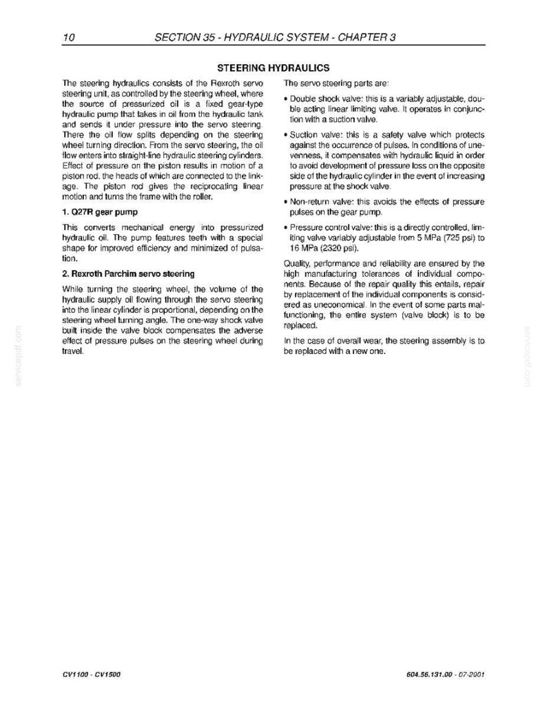 May include: A page from a technical manual titled "Steering Hydraulics." The text describes the components and function of a hydraulic steering system, including gear pumps, valves, and cylinders. The page includes diagrams and technical specifications.