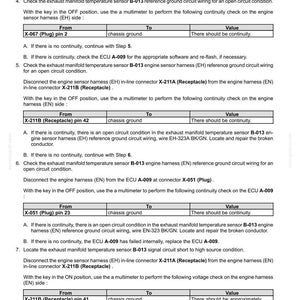 May include: A technical document detailing electrical system fault codes. It features tables with instructions for checking engine sensor harnesses and ECU connectors, including continuity and voltage tests.