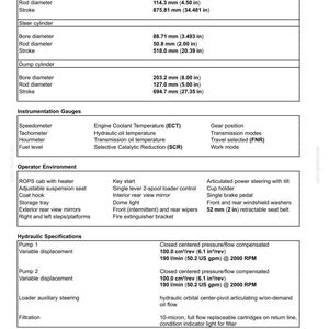 May include: A detailed specifications sheet for a piece of machinery, including cylinder dimensions, instrumentation gauges, and hydraulic specifications. Measurements are provided in inches and US gallons.