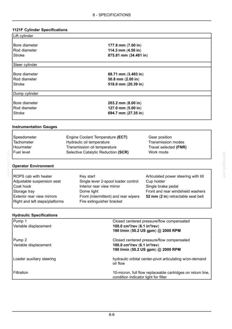 May include: A detailed specifications sheet for a piece of machinery, including cylinder dimensions, instrumentation gauges, and hydraulic specifications. Measurements are provided in inches and US gallons.