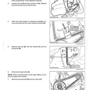 May include: A technical manual page titled Auger drive system - Remove, featuring four black and white line drawings with numbered callouts. The diagrams illustrate the step-by-step process for removing shielding, loosening nuts, and detaching the chain.