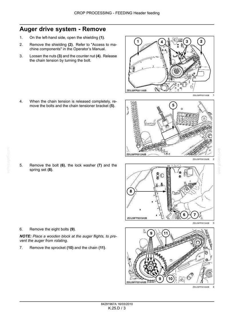 May include: A technical manual page titled Auger drive system - Remove, featuring four black and white line drawings with numbered callouts. The diagrams illustrate the step-by-step process for removing shielding, loosening nuts, and detaching the chain.