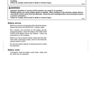May include: A page from a maintenance manual with safety warnings and instructions. The text includes warnings about chemical hazards and improper operation, along with battery service procedures and vent maintenance.