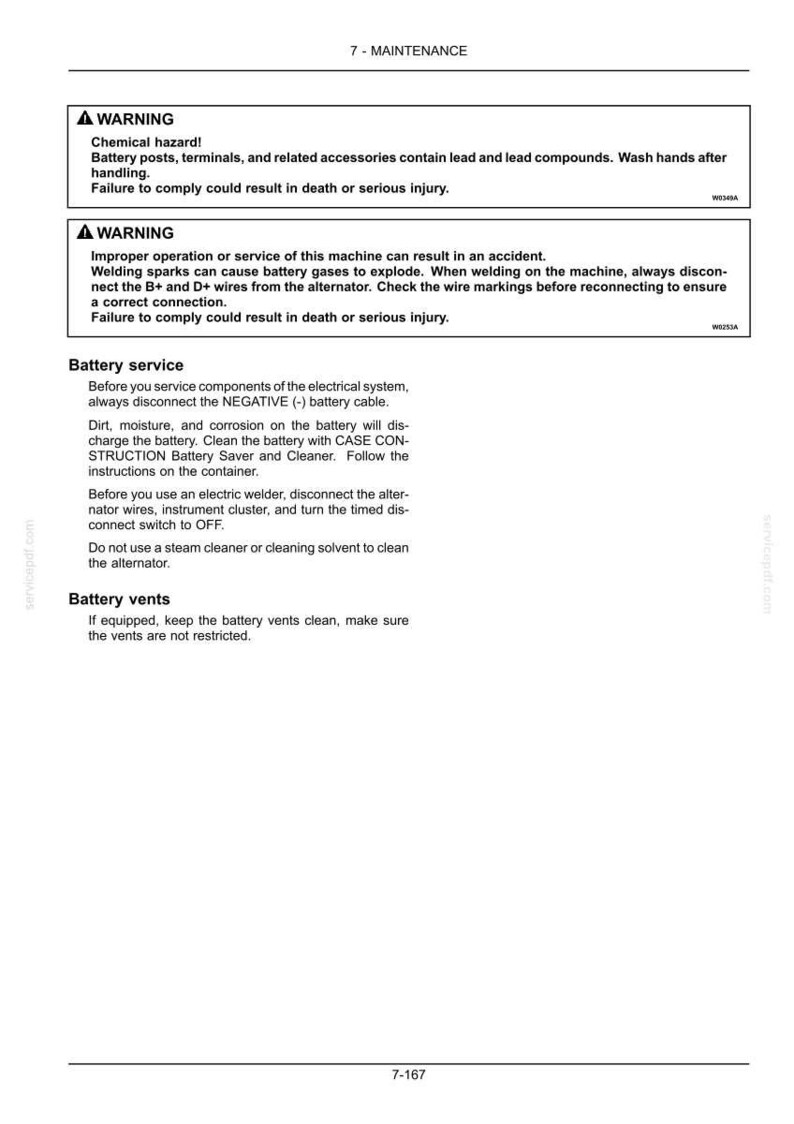 May include: A page from a maintenance manual with safety warnings and instructions. The text includes warnings about chemical hazards and improper operation, along with battery service procedures and vent maintenance.