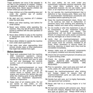 Puede incluir: Un documento en blanco y negro titulado SAFETY INFORMATION que contiene listas numeradas de instrucciones para operar maquinaria. El texto cubre precauciones de seguridad sobre ni&ntilde;os, mantenimiento, manejo de combustible y procedimientos operativos.