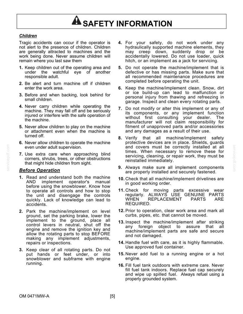 Puede incluir: Un documento en blanco y negro titulado SAFETY INFORMATION que contiene listas numeradas de instrucciones para operar maquinaria. El texto cubre precauciones de seguridad sobre ni&ntilde;os, mantenimiento, manejo de combustible y procedimientos operativos.