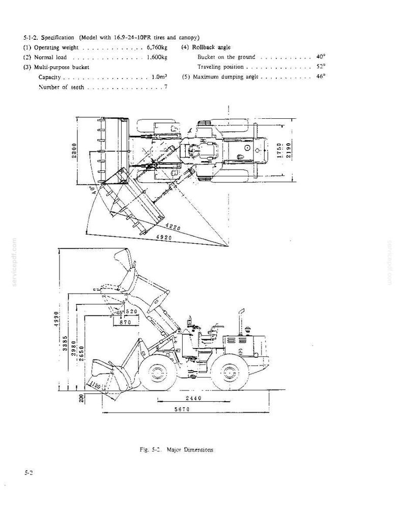 Pu&ograve; includere: Un diagramma tecnico di una pala gommata che mostra viste dall'alto e laterali con specifiche dettagliate. Il testo include un peso operativo di 6.760 kg, un carico normale di 1.600 kg, una capacit&agrave; della benna di 1,0 m3 e 7 denti.
