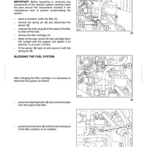 May include: A technical manual page titled Section 4 - Lubrication and Maintenance, detailing fuel filter replacement and bleeding procedures. It includes three black and white line drawings of engine components labeled with numbers 1 through 6.