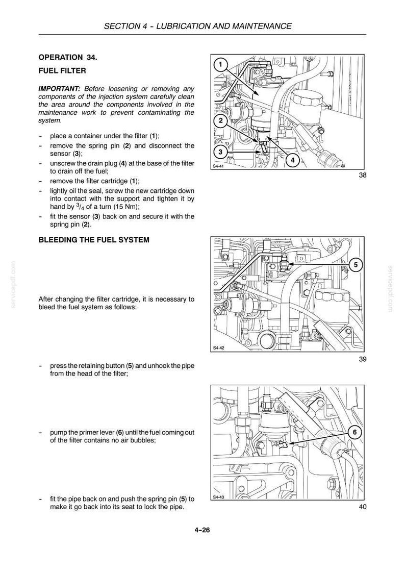 May include: A technical manual page titled Section 4 - Lubrication and Maintenance, detailing fuel filter replacement and bleeding procedures. It includes three black and white line drawings of engine components labeled with numbers 1 through 6.