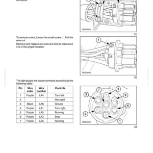 May include: Diagram of electrical system components, including a connector with numbered pins and wires. The image includes instructions for removing and replacing wires, with a table detailing wire colors and functions.