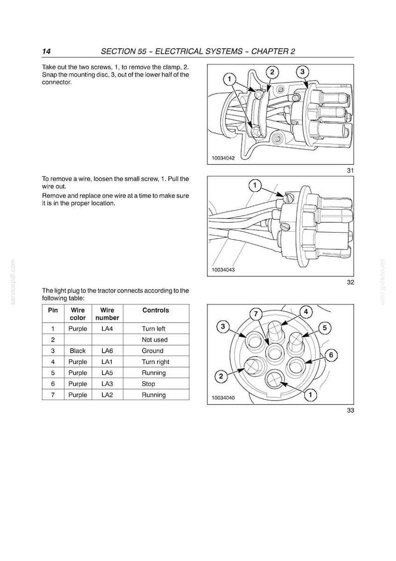 May include: Diagram of electrical system components, including a connector with numbered pins and wires. The image includes instructions for removing and replacing wires, with a table detailing wire colors and functions.