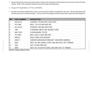 May include: A technical document page titled Section 8 Options Harrow Arm Layout Mounting Instructions. It includes three numbered instructional steps and a table listing eleven parts with reference numbers, part numbers, and descriptions for harrow mount arms.