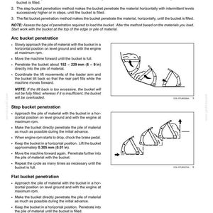 May include: Diagrams illustrating bucket loading methods for construction equipment. Includes arc, step, and flat bucket penetration techniques. Text explains each method, including measurements in inches and inches per foot.