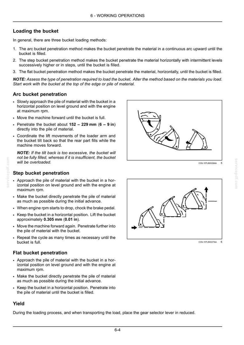 May include: Diagrams illustrating bucket loading methods for construction equipment. Includes arc, step, and flat bucket penetration techniques. Text explains each method, including measurements in inches and inches per foot.