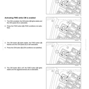 May include: Diagram of a control panel with numbered buttons and labels. The image shows the steps for activating FWD while CM is enabled. The text includes instructions for the CM button, FWD button, and CM speed.