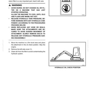 May include: Page from a maintenance manual with text and diagrams. The text includes warnings about burns and hydraulic pressure. A diagram shows a small excavator with the text "HYDRAULIC OIL CHECK POSITION".