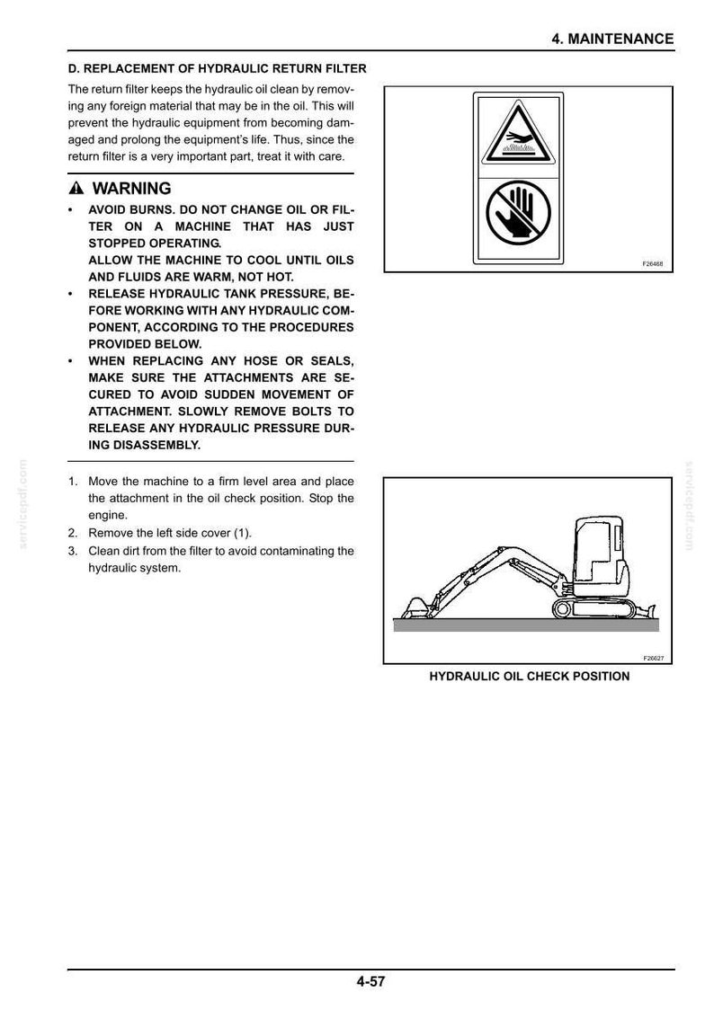 May include: Page from a maintenance manual with text and diagrams. The text includes warnings about burns and hydraulic pressure. A diagram shows a small excavator with the text "HYDRAULIC OIL CHECK POSITION".