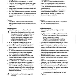 May include: A page from a repair manual with German and English text. The document includes safety regulations, starting instructions, and information on hydraulic equipment. Warnings are highlighted with caution symbols.