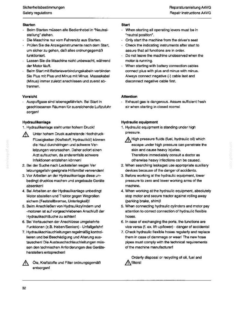 May include: A page from a repair manual with German and English text. The document includes safety regulations, starting instructions, and information on hydraulic equipment. Warnings are highlighted with caution symbols.