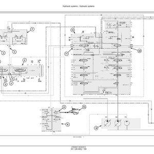 May include: A detailed diagram of a hydraulic system, rendered in black and white. The diagram features various components, including pumps, valves, and lines, with numbered callouts. The title "Hydraulic systems" is at the top.