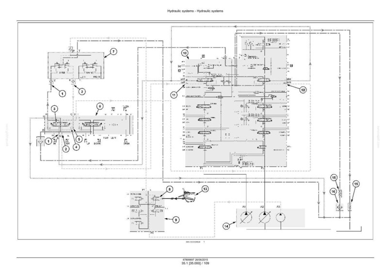 May include: A detailed diagram of a hydraulic system, rendered in black and white. The diagram features various components, including pumps, valves, and lines, with numbered callouts. The title "Hydraulic systems" is at the top.