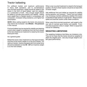 May include: A page from a technical manual titled 6 - WORKING OPERATIONS, detailing tractor ballasting procedures. The text provides instructions on adding weight for traction, stability, and steering control, including specific percentage guidelines.