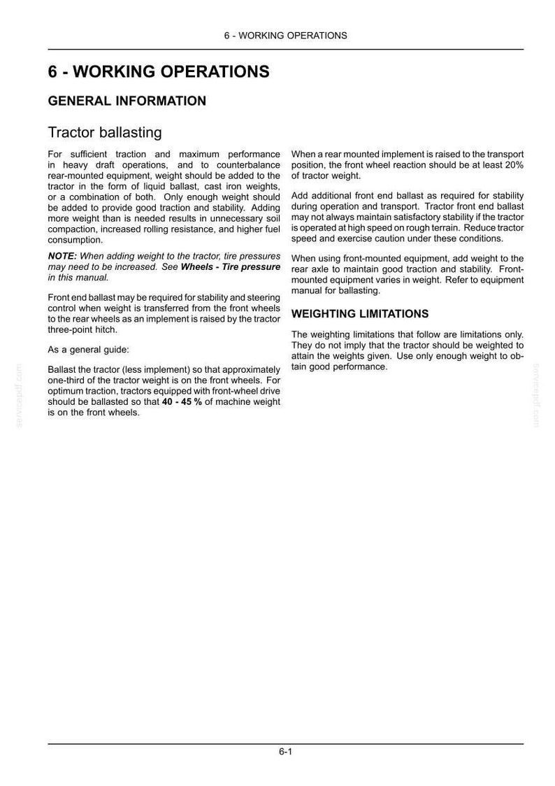 May include: A page from a technical manual titled 6 - WORKING OPERATIONS, detailing tractor ballasting procedures. The text provides instructions on adding weight for traction, stability, and steering control, including specific percentage guidelines.